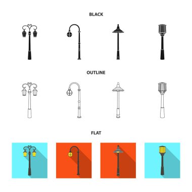 Retro tarzı, modern fener, meşale ve diğer tip-in sokak sokak lâmbası direği. Elektrik direği toplama simgeler karikatür tarzı vektör simge stok çizim web içinde ayarla..