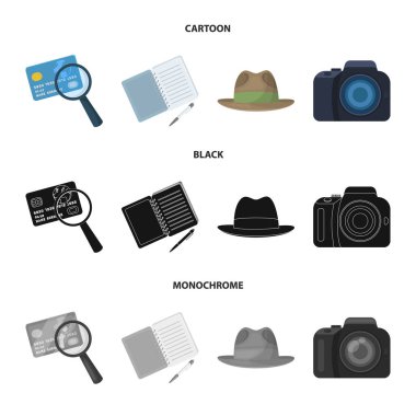 Kamera, Büyüteç, şapka, defter kalem ile. Dedektif toplama simgeler çizgi film, siyah, tek renkli stil vektör simge stok çizim web içinde ayarla..