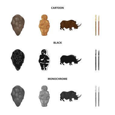 İlkel, kadın, Erkek, sığır. Taş devri çizgi film, siyah, tek renkli stil vektör simge stok çizim web simgeler ayarla.