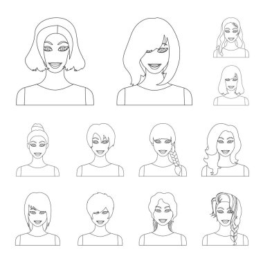Kadın saç modelleri türleri set koleksiyonu tasarım için simgeleri anahat. Bir kadın vektör simge stok web illüstrasyon görünümünü.