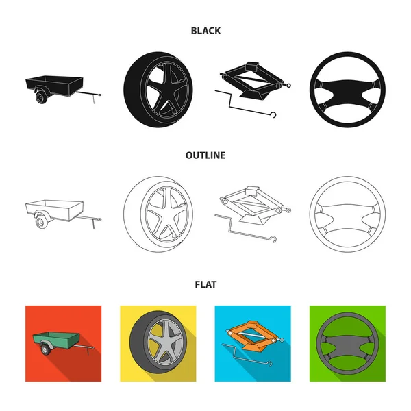 Caravana, roda com tampa de pneu, macaco mecânico, volante, ícones de coleção de conjunto de carro em desenho animado estilo vetor símbolo ilustração web . — Vetor de Stock