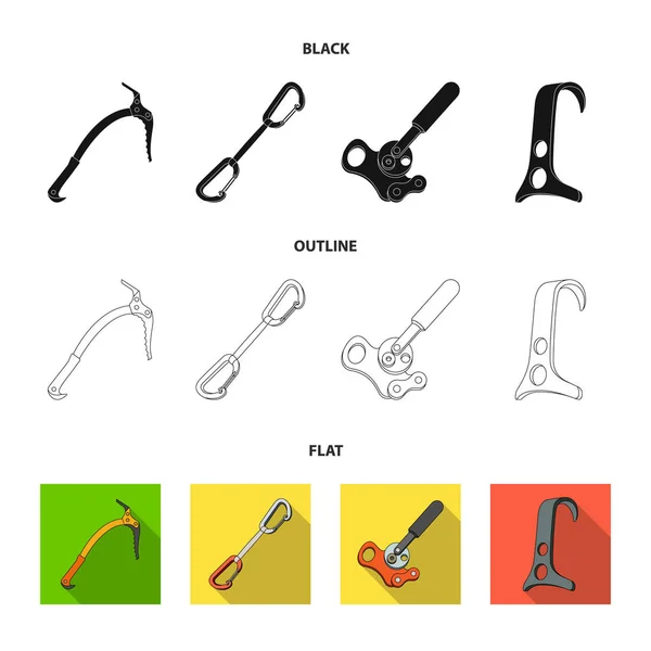 氷斧、カービン銃および他の装置。登山漫画スタイルのベクトル シンボル ストック イラスト web のコレクションのアイコンを設定. — ストックベクタ