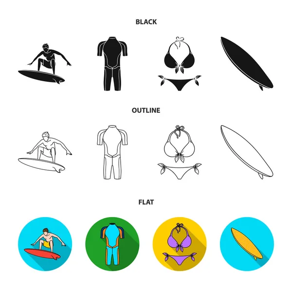 Surfer, στολή, μπικίνι, σανίδα του σερφ. Σερφ συλλογή εικόνες που σε καρτούν στυλ διάνυσμα σύμβολο απόθεμα ενδεικτικά web. — Διανυσματικό Αρχείο
