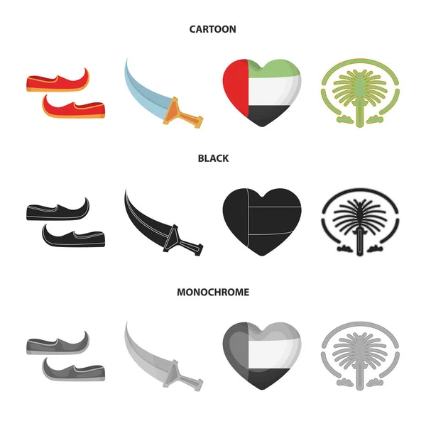 Zapatos orientales, daga, el corazón de los emiratos, Palm Jumeirah.Arab emiratos conjunto de iconos de la colección en dibujos animados, negro, el estilo monocromo símbolo vectorial stock illustration web . — Archivo Imágenes Vectoriales