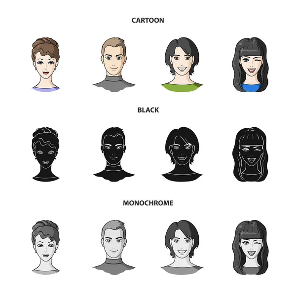 Unterschiedliches Aussehen der jungen people.avatar und face set collection icons in cartoon, schwarz, monochrom style vektorsymbol stock illustration web. — Stockvektor