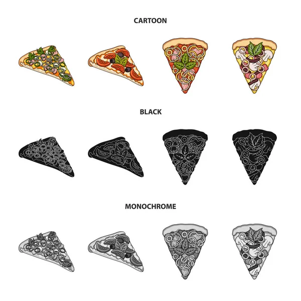 Kawałek pizzy z różnych składników. Pizzy różnych zestaw kolekcji ikon w www czas ilustracja kreskówka, czarny, monochromatyczne styl wektor symbol. — Wektor stockowy
