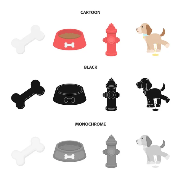 Un hueso, un hidrante de fuego, un tazón de comida, un perro meando. Iconos de colección conjunto de perros en dibujos animados, negro, estilo monocromo vector símbolo stock ilustración web . — Vector de stock