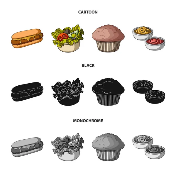 Essen, Erholung, Erfrischungen und andere Web-Symbole in Cartoon, schwarz, monochromen Stil. Kuchen, Keks, Sahne, Symbole in Set-Sammlung. — Stockvektor