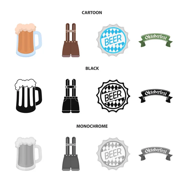 Shorts mit Hosenträgern, ein Glas Bier, ein Schild, ein Emblem. oktoberfest set sammlung symbole in cartoon, schwarz, monochrom stil vektor symbol stock illustration web. — Stockvektor