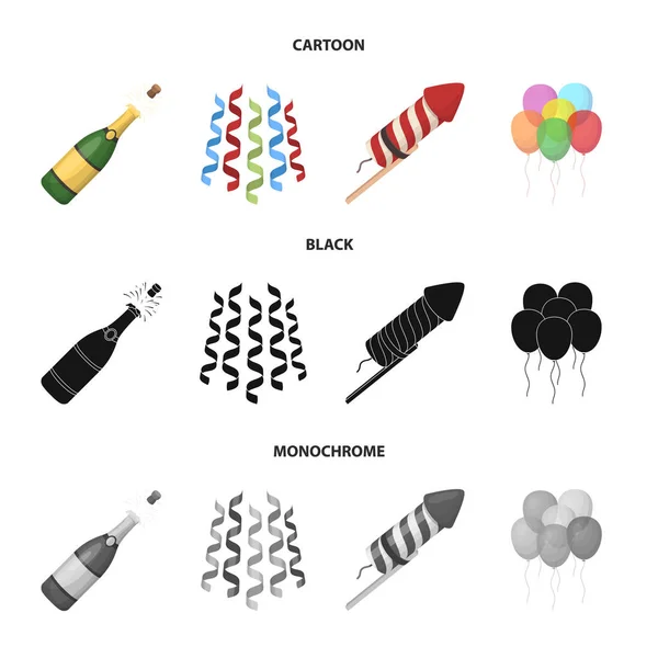 Champagne, fuochi d'artificio e altri accessori alla partita.Partito e parti set icone di raccolta in cartone animato, nero, in stile monocromatico vettore simbolo stock illustrazione web . — Vettoriale Stock