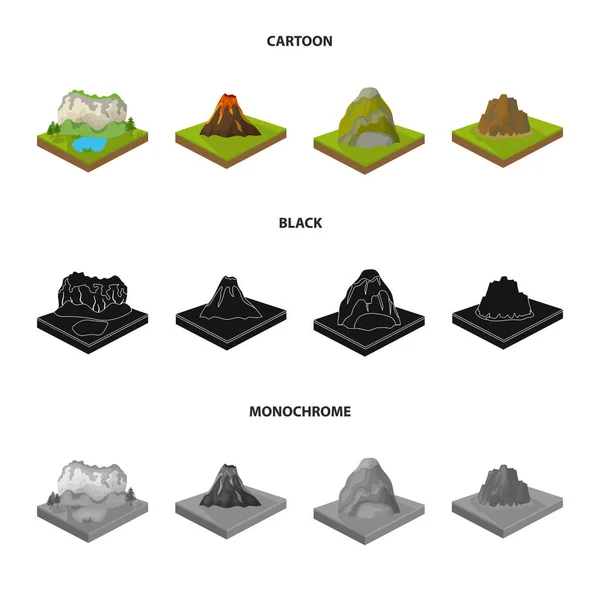 Montagne, rocce e paesaggio. Rilievo e montagne set icone di raccolta in cartone animato, nero, in stile monocromatico isometrico vettore simbolo stock illustrazione web . — Vettoriale Stock