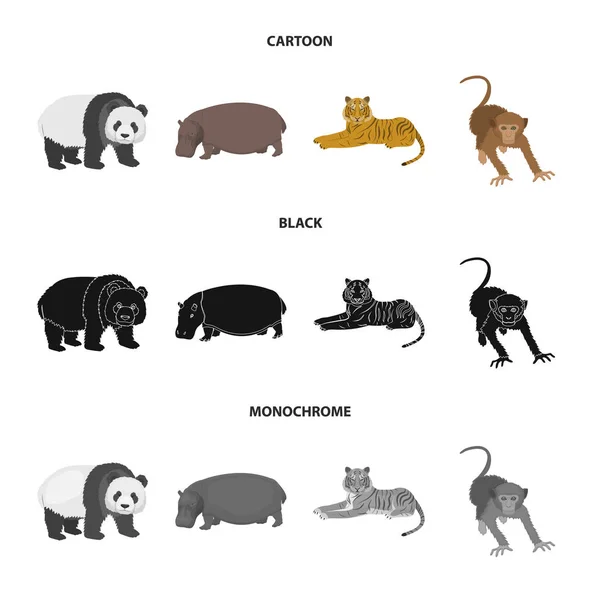 Bambusbär, Nilpferd, wilder Tiger, Affe. wild animal set collection icons in cartoon, schwarz, monochrom stil vektor symbol stock illustration web. — Stockvektor