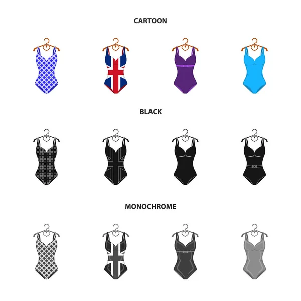 Diferentes tipos de trajes de baño. Trajes de baño conjunto de iconos de colección en dibujos animados, negro, monocromo estilo vector símbolo stock ilustración web . — Archivo Imágenes Vectoriales