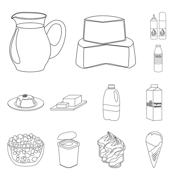 Iconos del esquema del producto de leche en la colección del sistema para la ilustración de la tela del símbolo del vector de la leche y del alimento del diseño. . — Vector de stock