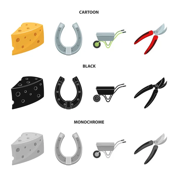 Cheese with holes, a trolley for agricultural work, a horseshoe made of metal, a pruner for cutting trees, shrubs. Farm and gardening set collection icons in cartoon,black,monochrome style vector Vector Graphics