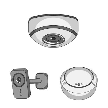 Cctv ve kamera simgesinin vektör tasarımı. Cctv ve sistem stok vektör çizim seti.