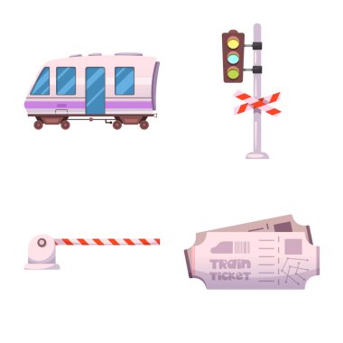 Tren ve İstasyonu sembolü yalıtılmış nesne. Hisse senedi için tren ve bilet vektör simge topluluğu.