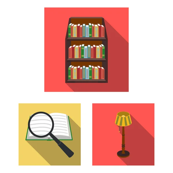 Библиотека и книжный магазин плоские иконки в коллекции наборов для дизайна. Книги и мебель векторные символы фондовых веб-иллюстрации . — стоковый вектор