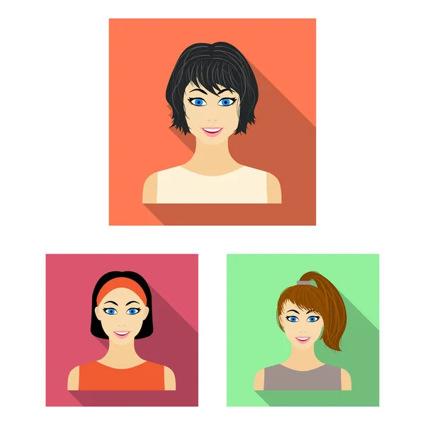 Arten von weiblichen Frisuren flache Symbole in Set-Kollektion für Design. Aussehen einer Frau Vektor Symbol Stock Web Illustration. — Stockvektor