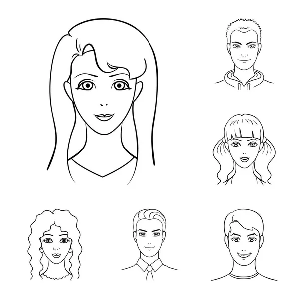 Avatar och ansiktet kontur ikoner i set insamling för design. En person s utseende vektor symbol lager web illustration. — Stock vektor
