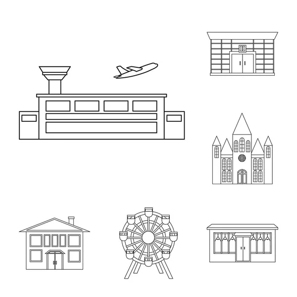 Ícones de contorno de construção e arquitetura na coleção de conjuntos para design. Construção e Instituição símbolo vetorial ilustração web . — Vetor de Stock