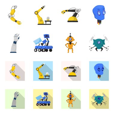Robot ve fabrika işareti yalıtılmış nesne. Web için robot ve uzay hisse senedi simgesi kümesi.
