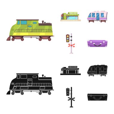 Tren ve istasyon logo vektör tasarımı. Tren ve bilet hisse senedi vektör çizim seti.
