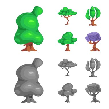 Ağaç ve doğa işareti vektör tasarımı. Web için ağaç ve taç hisse senedi simgesi kümesi.