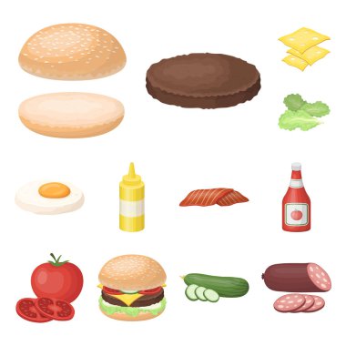 Burger ve malzemeler set koleksiyonu tasarım için simgeleri karikatür. Vektör simge stok web illüstrasyon pişirme Burger.