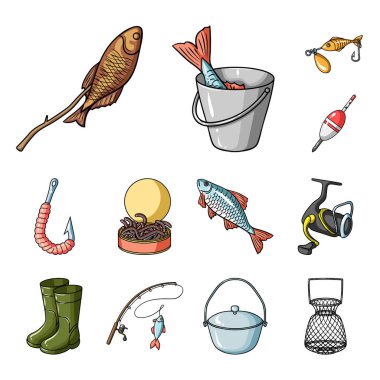 Balıkçılık ve diğer set koleksiyonu tasarım için simgeleri karikatür. Vektör simge stok web illüstrasyon Balık tutma için mücadele.