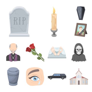 Set koleksiyonu tasarım için cenaze töreni karikatür simgeler. Cenaze törenleri ve öznitelikleri sembol stok web illüstrasyon vektör.