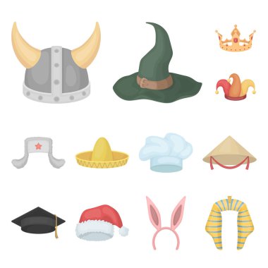 Şapka çeşitleri set koleksiyonu tasarım için simgeleri karikatür. Headdress vektör simge stok web çizimi.