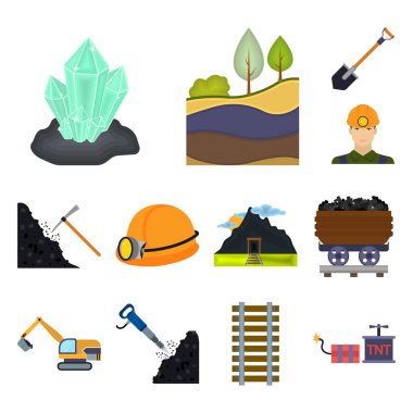 Madencilik Sanayi karikatür simgeleri set koleksiyonu tasarım için. Cihazlar ve sembol stok illüstrasyon vektör.