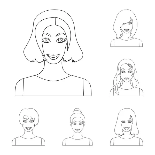 Tipos de penteados femininos delineiam ícones na coleção de conjuntos para design. Aparência de uma mulher vetor símbolo web ilustração . —  Vetores de Stock