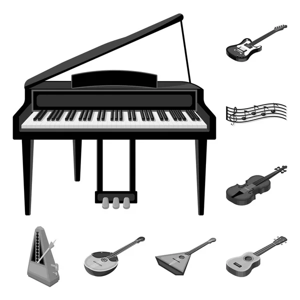 楽器デザインのセットのコレクションのモノクロ アイコン。Web 図の文字列と管楽器等尺性ベクター シンボル素材. — ストックベクタ