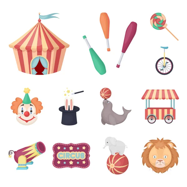 Cirque et attributs icônes de dessin animé dans la collection de jeu pour le design. Cirque Art vectoriel symbole stock web illustration . — Image vectorielle