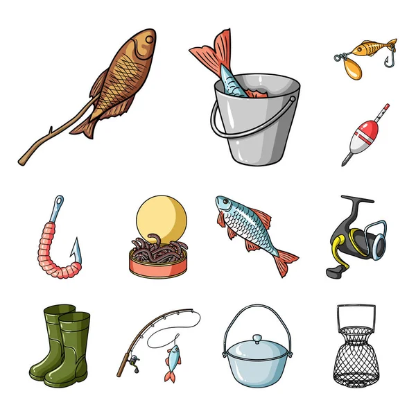 Pesca e descanso ícones dos desenhos animados na coleção de conjuntos para o design. Tackle for fishing vector symbol stock web illustration . — Vetor de Stock