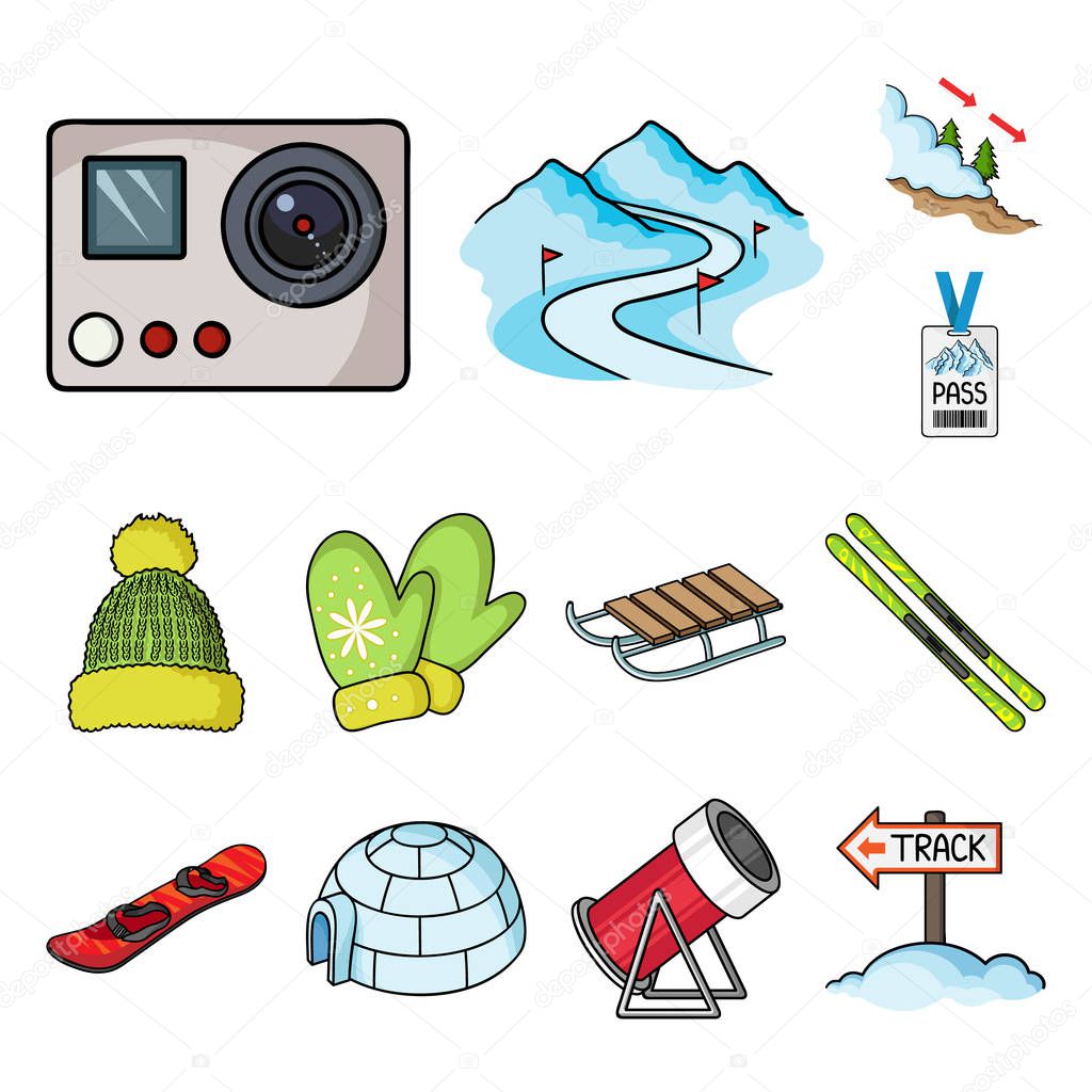 Ski resort and equipment cartoon icons in set collection for design. Entertainment and recreation vector symbol stock  illustration.