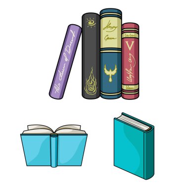 Kitap set koleksiyonu tasarım için karikatür simgeleri bağlı. Basılı ürünler sembol stok web illüstrasyon vektör.