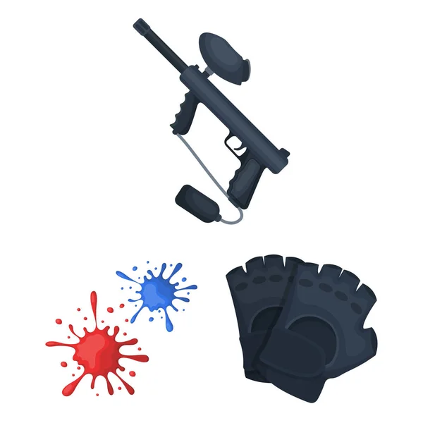 Paintball, ícones de desenhos animados de jogo de equipe na coleção de conjuntos para design. Equipamento e equipamento símbolo vetorial ilustração web estoque . — Vetor de Stock