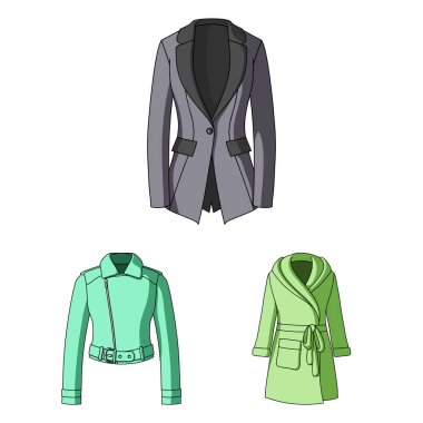 Bayan giyim çizgi film set koleksiyonu tasarım için simgeler. Sembol stok web illüstrasyon vektör giyim çeşitleri ve aksesuarlar.