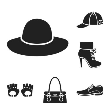 Giysi ve aksesuarları set koleksiyonu tasarım için simgeler siyah. Ayakkabı ve dekorasyon sembol stok web illüstrasyon vektör.