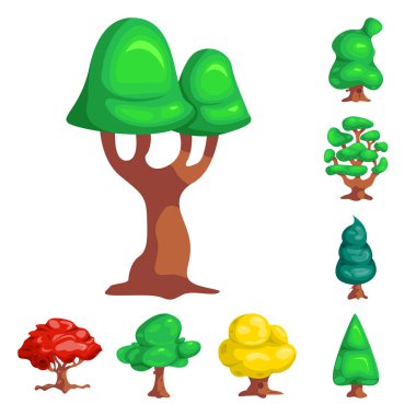 Ağaç ve doğa işareti vektör tasarımı. Web için ağaç ve taç hisse senedi simgesi kümesi.