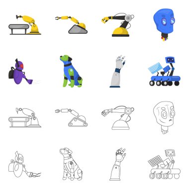 Robot ve fabrika işareti vektör tasarımı. Robot ve uzay hisse senedi vektör çizim seti.