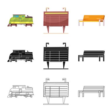 Tren ve İstasyonu simge vektör Illustration. Tren ve bilet hisse senedi vektör çizim topluluğu.