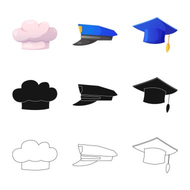 Şapkalar ve kap işareti yalıtılmış nesne. Şapkalar ve hisse senedi için aksesuar vektör simge kümesi.