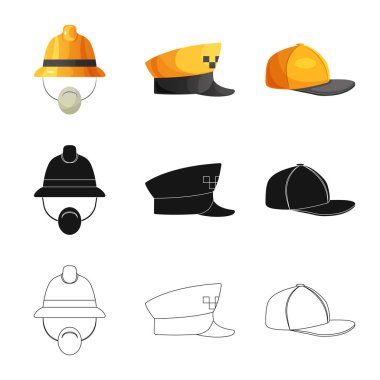 Şapkalar ve kap logosu yalıtılmış nesne. Şapkalar ve hisse senedi için aksesuar vektör ikon koleksiyonu.