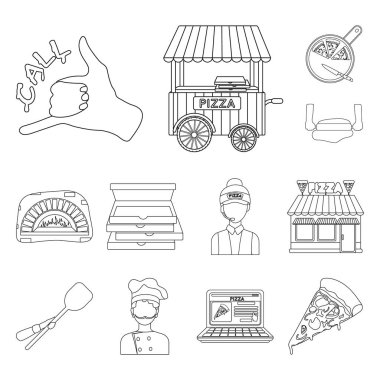 Set koleksiyonu tasarım için pizza ve pizza anahat simgeleri. Personel ve ekipman sembol stok web illüstrasyon vektör.