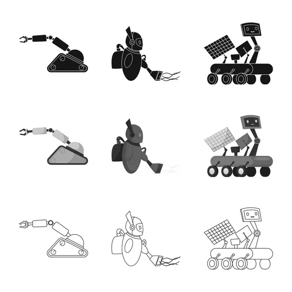 Векторні ілюстрації робота і заводського знака. Набір роботів і значок простору Векторні значки на складі . — стоковий вектор