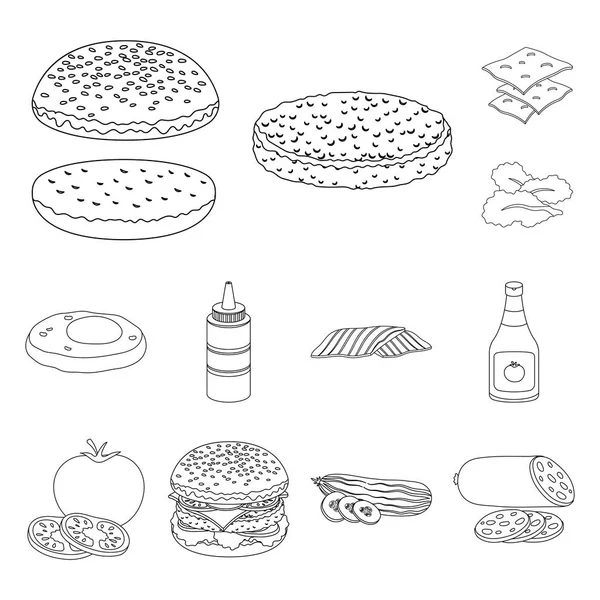 Burger και συστατικά περίγραμμα εικονίδια στη συλλογή σετ για σχεδιασμό. Χάμπουργκερ Μαγείρεμα εικονογράφηση φορέα σύμβολο μετοχής web. — Διανυσματικό Αρχείο